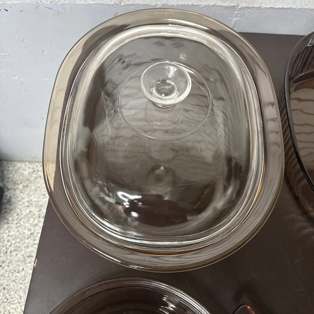 VTG‎ CORNING VISION PYREX 6 Piece Amber & 1 Piece Clear Lid Roasting Pan Pot Pie
